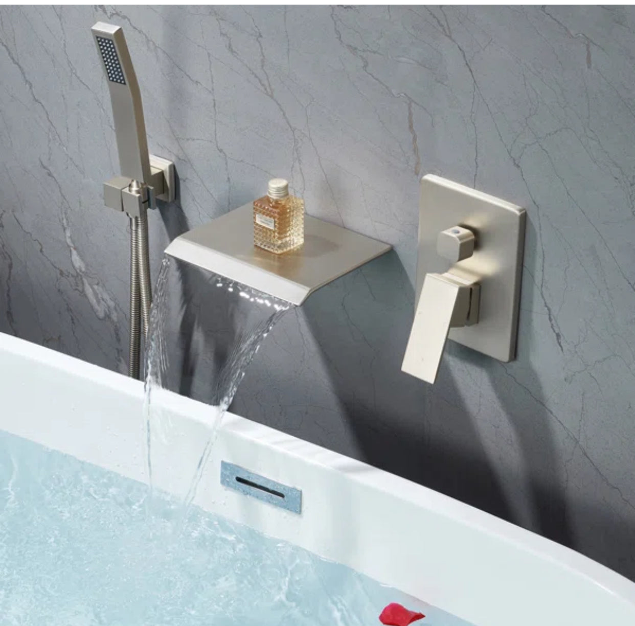 MAX Faucets | Roman Tub Waterfall Spout – Wall-Mounted, Single Handle with Movable Handheld Sprayer – Brushed Nickel Finish