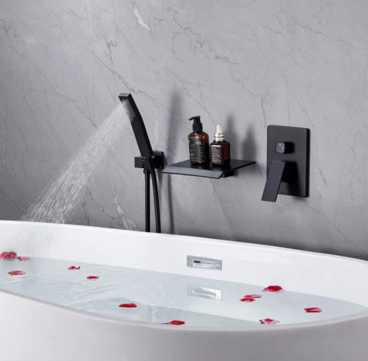 MAX Faucets | Roman Tub Waterfall Spout – Wall-Mounted, Single Handle with Movable Handheld Sprayer – Matte Black Finish