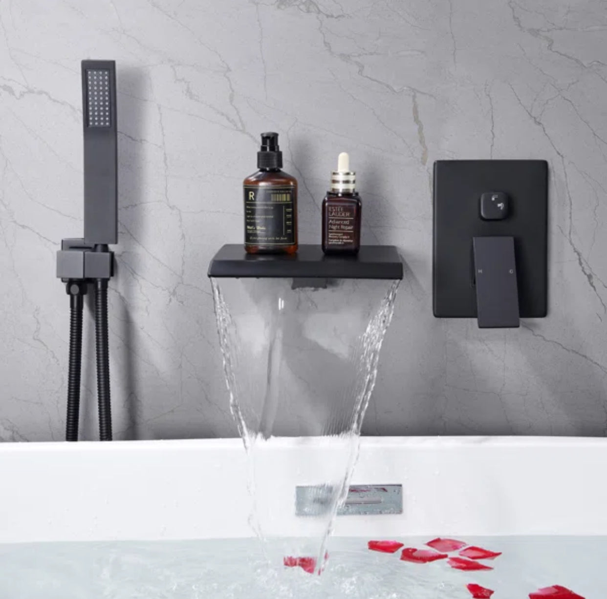 MAX Faucets | Roman Tub Waterfall Spout – Wall-Mounted, Single Handle with Movable Handheld Sprayer – Matte Black Finish