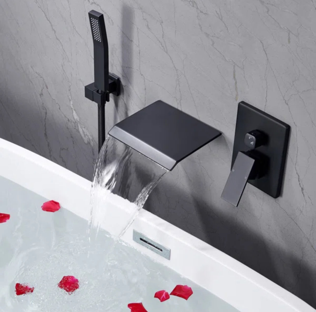 MAX Faucets | Roman Tub Waterfall Spout – Wall-Mounted, Single Handle with Movable Handheld Sprayer – Matte Black Finish