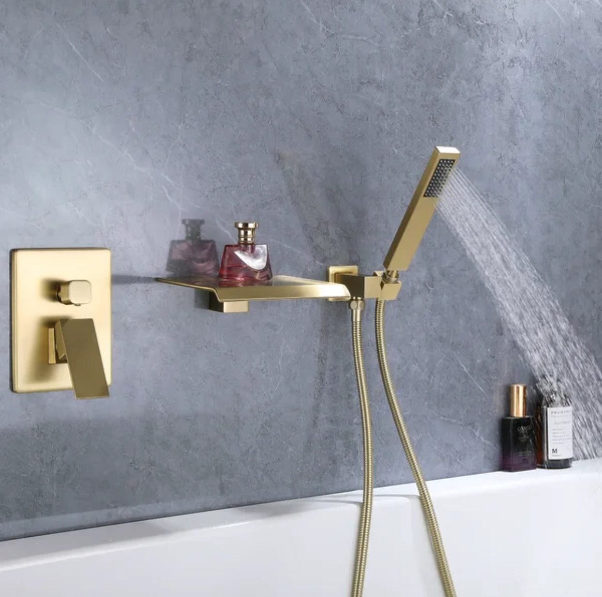 MAX Faucets | Roman Tub Waterfall Spout – Wall-Mounted, Single Handle with Movable Handheld Sprayer – Brushed Gold Finish