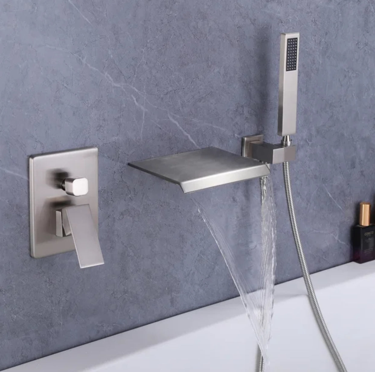 MAX Faucets | Roman Tub Waterfall Spout – Wall-Mounted, Single Handle with Movable Handheld Sprayer – Brushed Nickel Finish