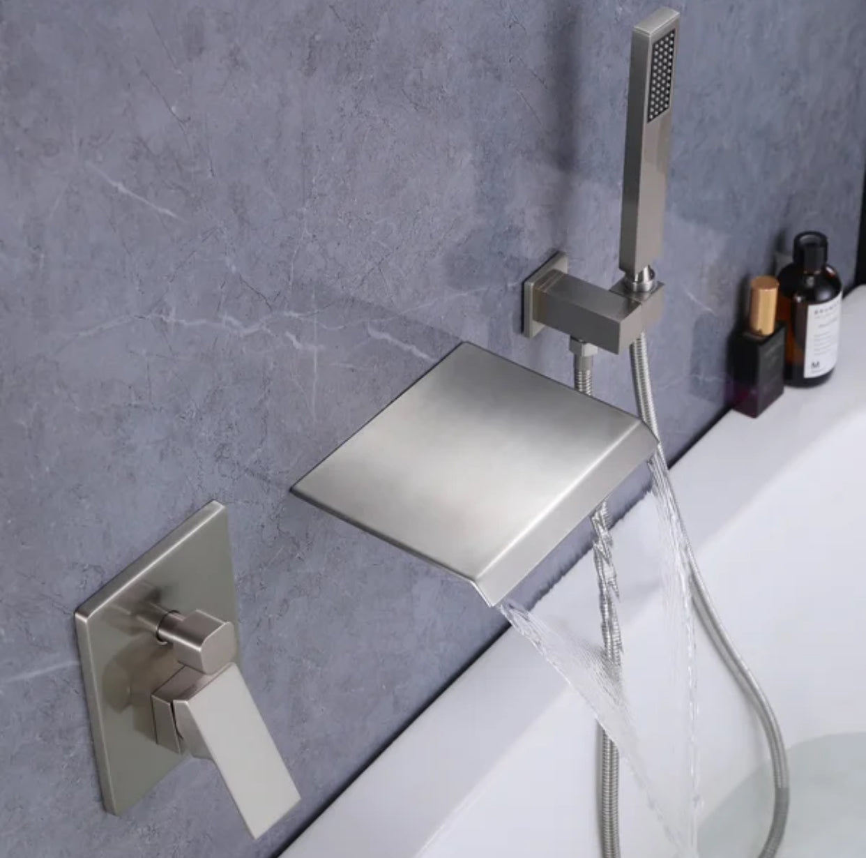MAX Faucets | Roman Tub Waterfall Spout – Wall-Mounted, Single Handle with Movable Handheld Sprayer – Brushed Nickel Finish
