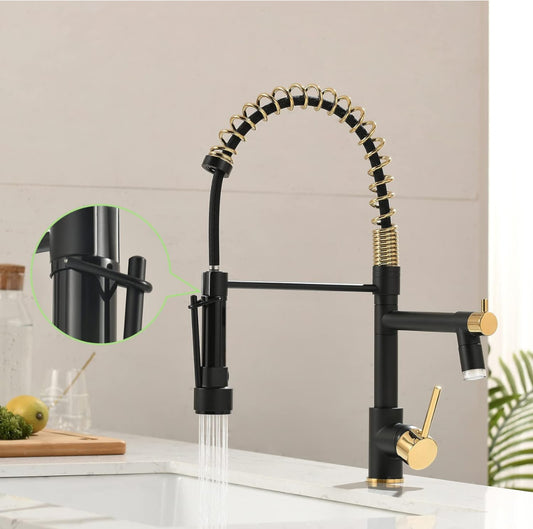 Pull-Down Flexible Kitchen Faucet With Separate Pot Filler Spout & LED Light 19 Inches Matte Black,Shiny Gold Finish