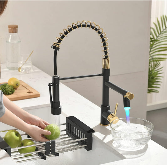 Pull-Down Flexible Kitchen Faucet With Separate Pot Filler Spout & LED Light 19 Inches Matte Black,Shiny Gold Finish