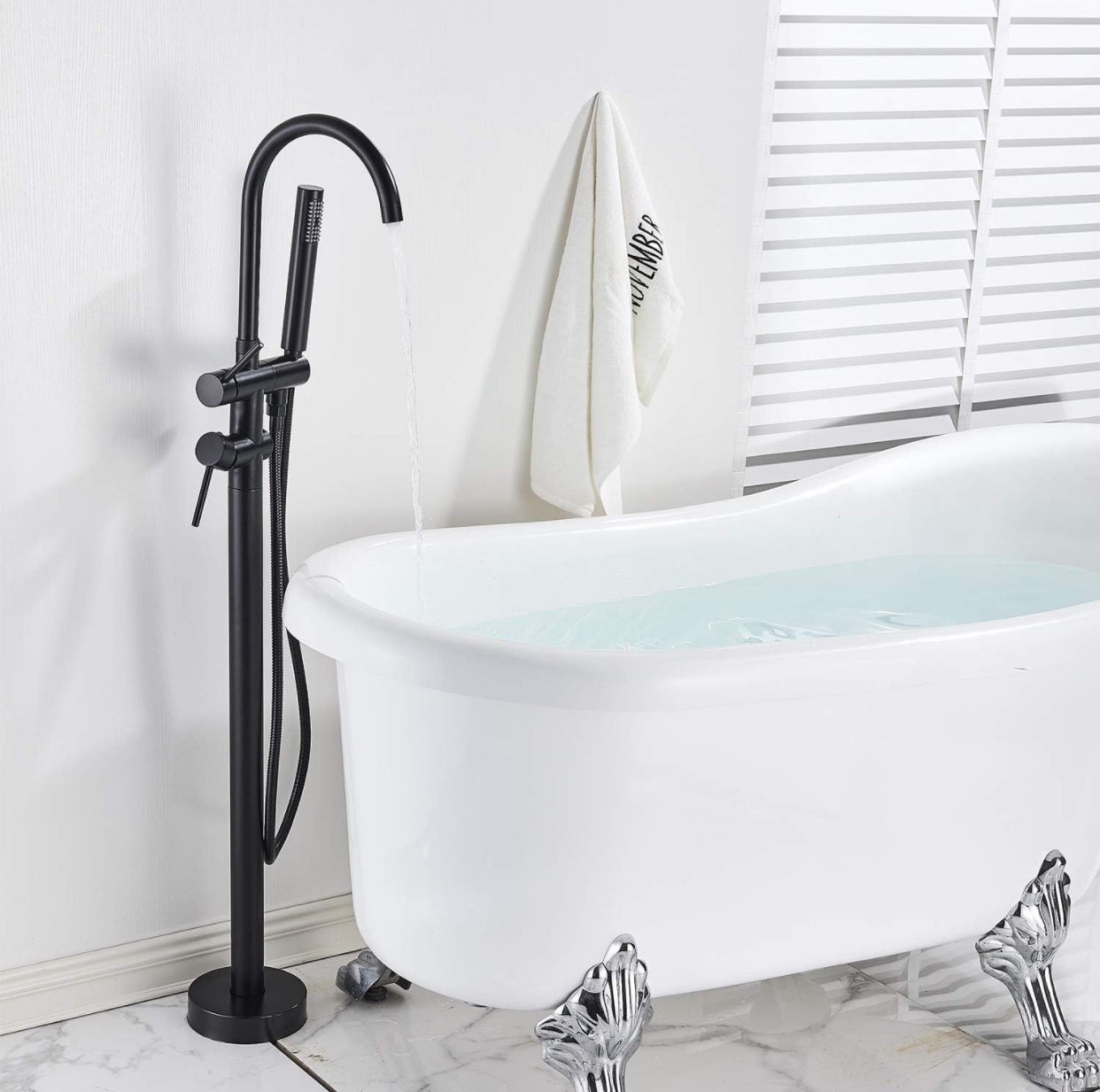 Tub Filler Faucet Single Handle Floor Mount With Rough-In And Handheld Matte Black Finish