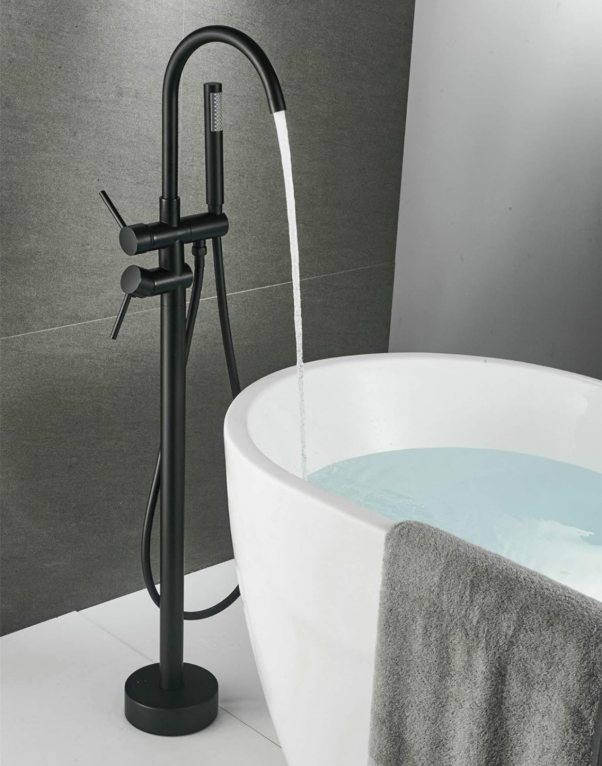 Tub Filler Faucet Single Handle Floor Mount With Rough-In And Handheld Matte Black Finish