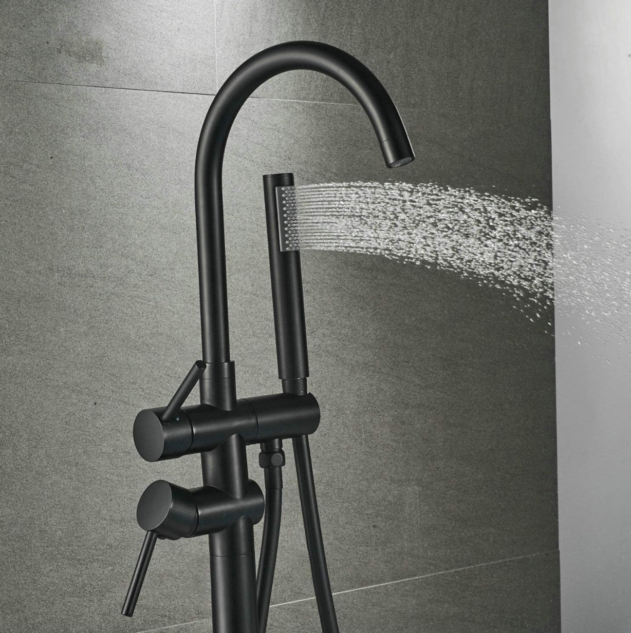 Tub Filler Faucet Single Handle Floor Mount With Rough-In And Handheld Matte Black Finish