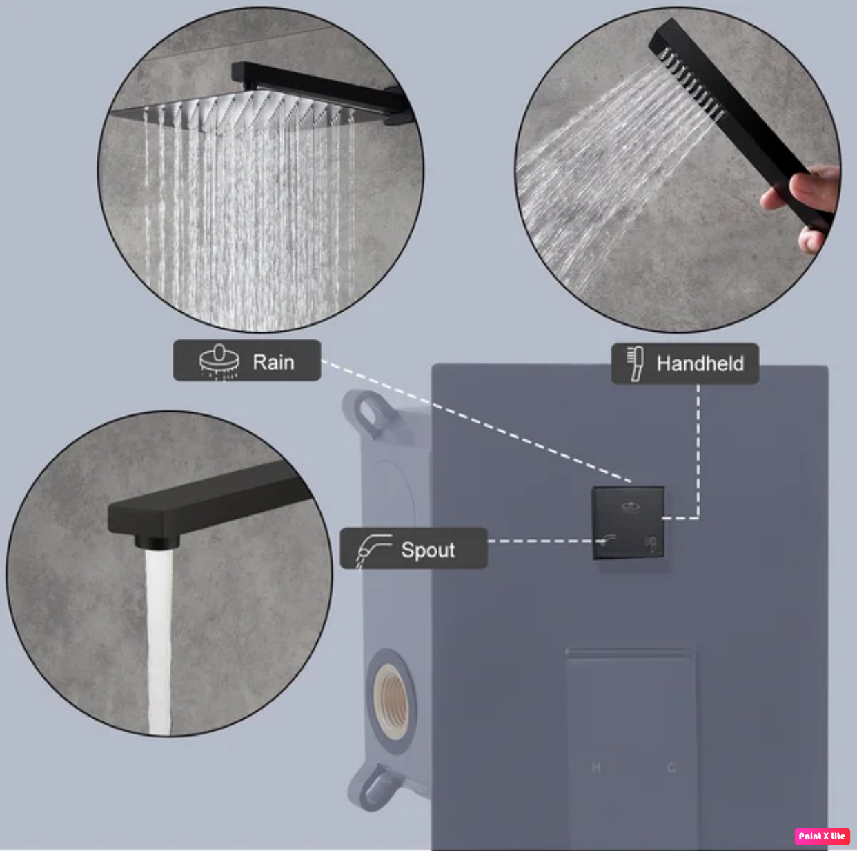 Tub Shower System Three Functions With Pressure-Balance Valve Matte Black Finish Square Design