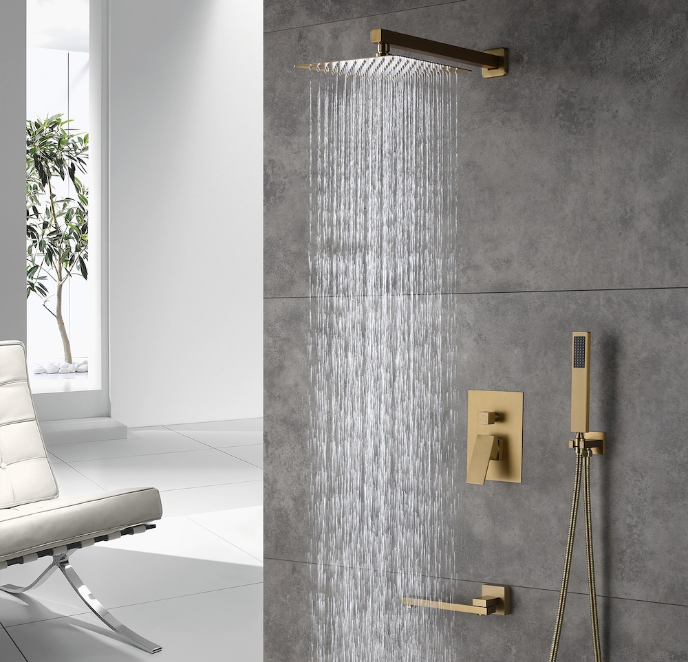 Swirling Spout Tub Shower System Set Three Function With Pressure-Balance Valve Brushed Gold Finish