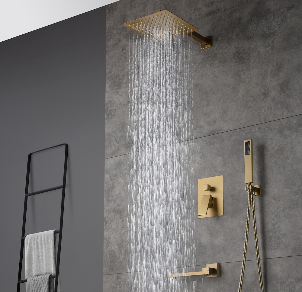 Swirling Spout Tub Shower System Set Three Function With Pressure-Balance Valve Brushed Gold Finish