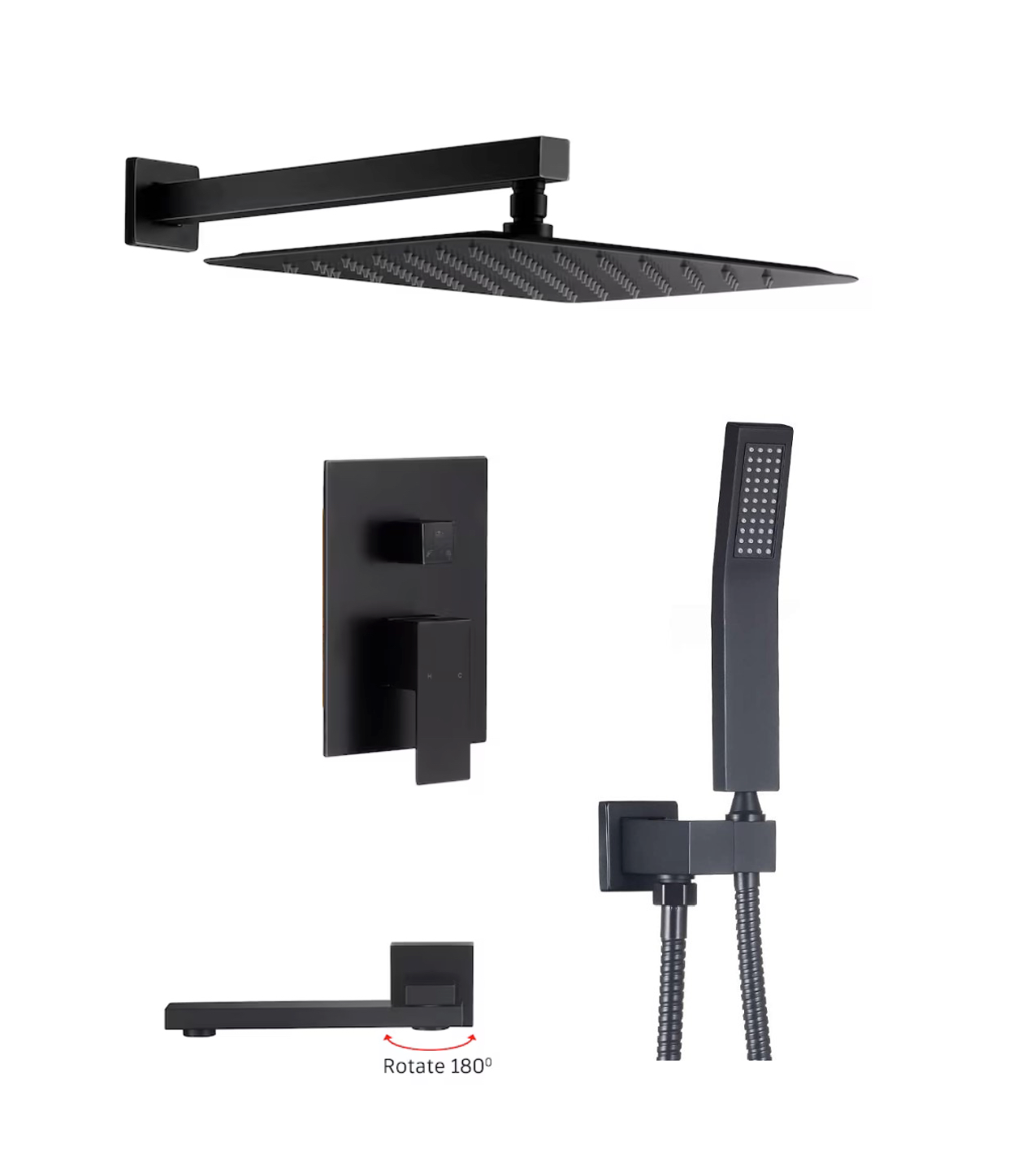 Swirling Spout Tub Shower System Set Three Function With Pressure-Balance Valve Matte Black Finish