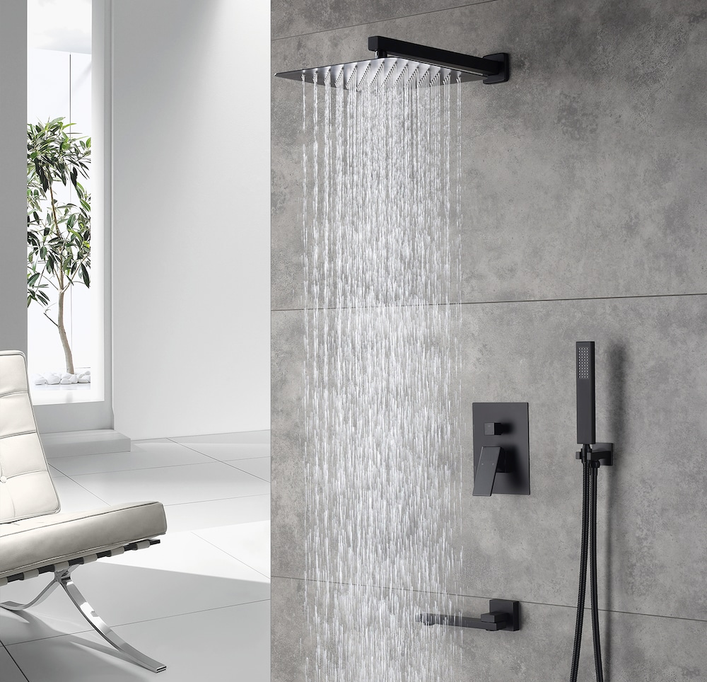 Swirling Spout Tub Shower System Set Three Function With Pressure-Balance Valve Matte Black Finish