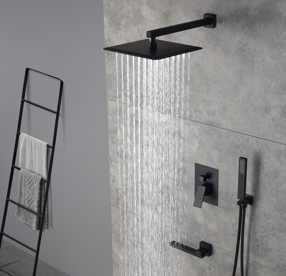 Swirling Spout Tub Shower System Set Three Function With Pressure-Balance Valve Matte Black Finish