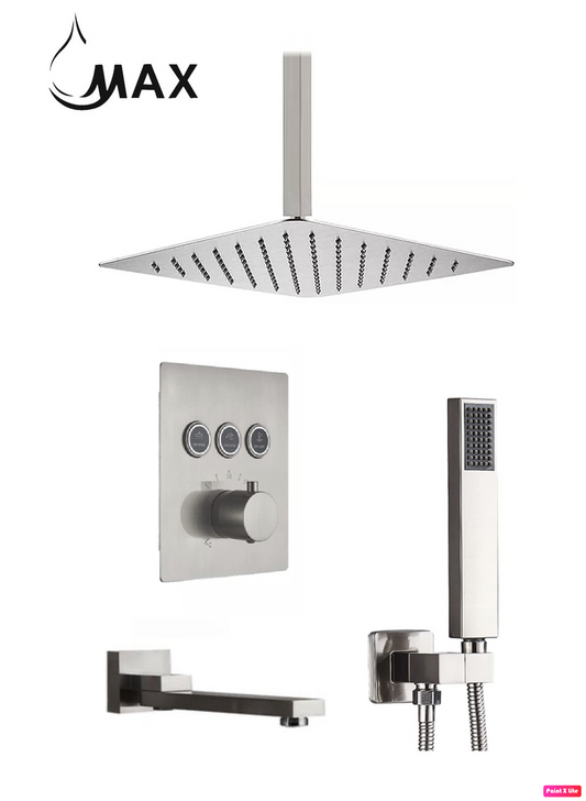 Ceiling Thermostatic Shower System Three Functions With Pressure Balance Valve Brushed Nickel Finish