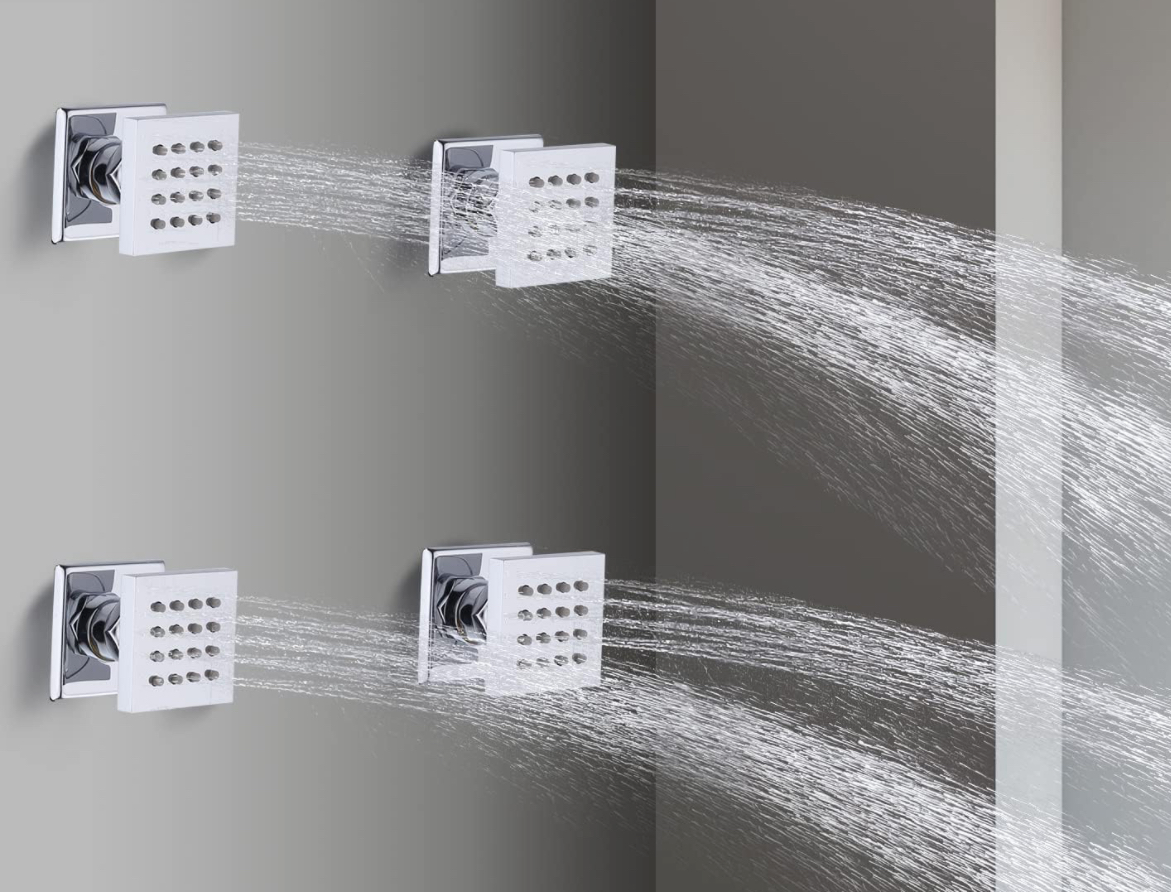 Ceiling Thermostatic Shower System Three Function Handheld With 4 Body Jets and Valve Chrome Finish