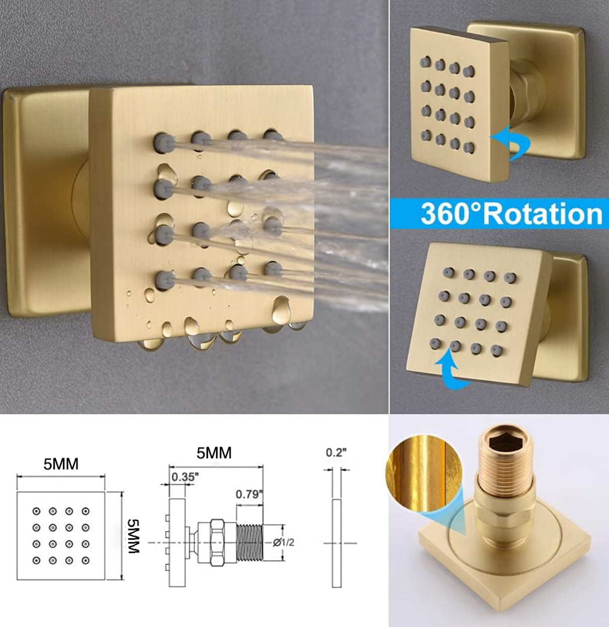 Thermostatic Shower System Three Function Handheld With 4 Body Jets and Valve Brushed Gold Finish