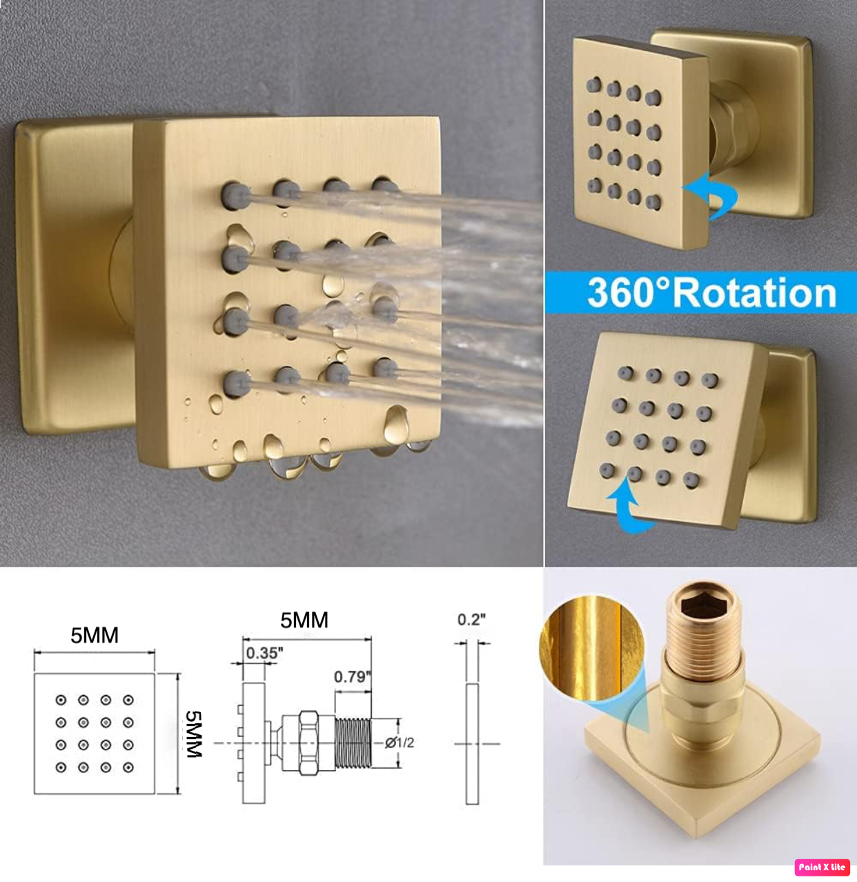 Ceiling Thermostatic Shower System Three Function Handheld With 6 Body Jets and Valve Brushed Gold Finish
