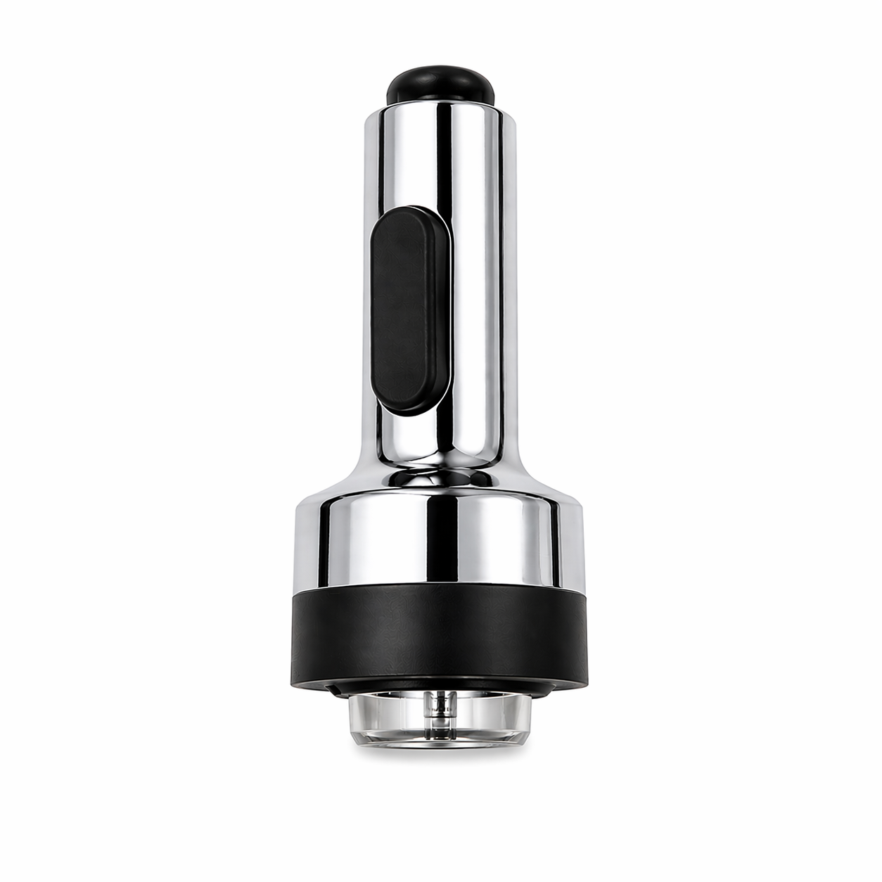 Chrome and black faucet handle on a white background