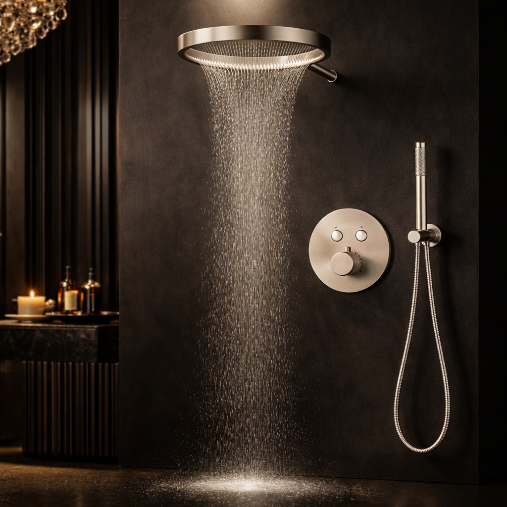 Thermostatic shower system with precise temperature control and rainfall shower head
