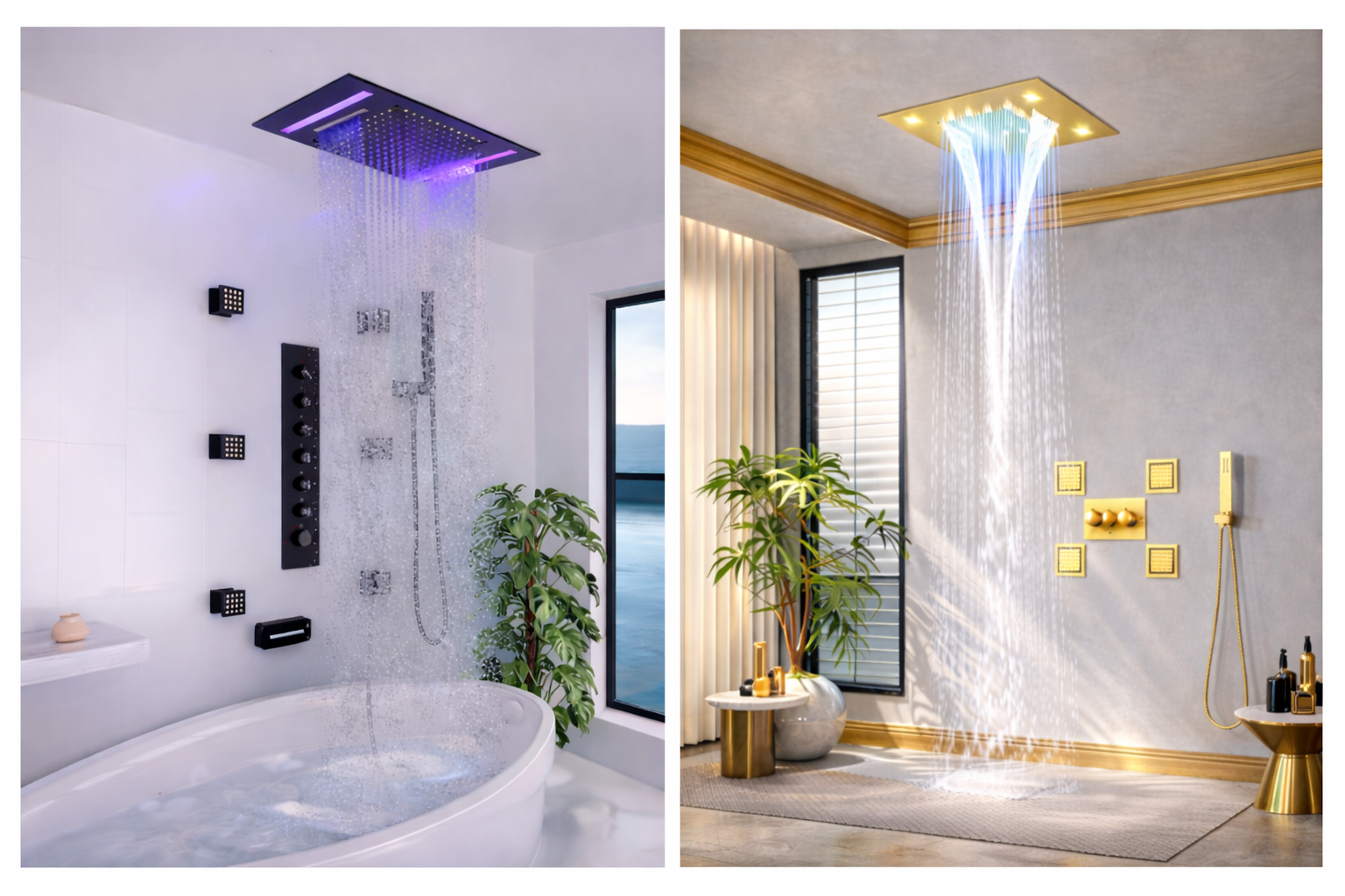 Luxury rainfall shower system collection with ceiling mounted shower head and body jets by MAX Faucets