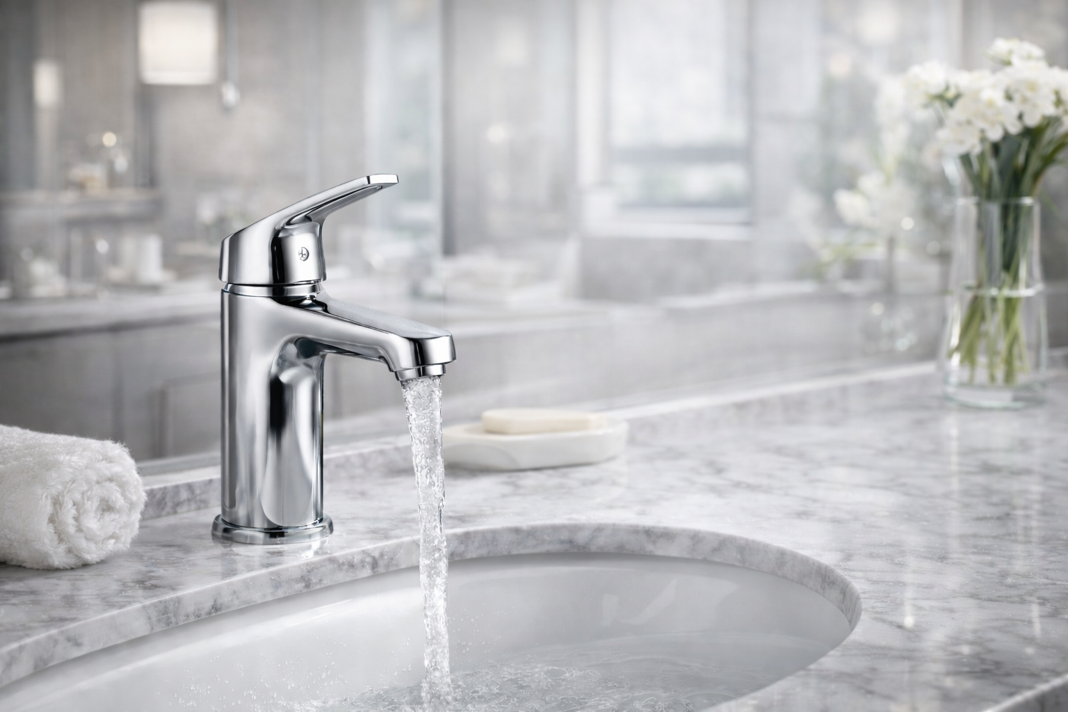 Modern chrome bathroom faucet installed on a marble countertop sink in a luxury bathroom setting