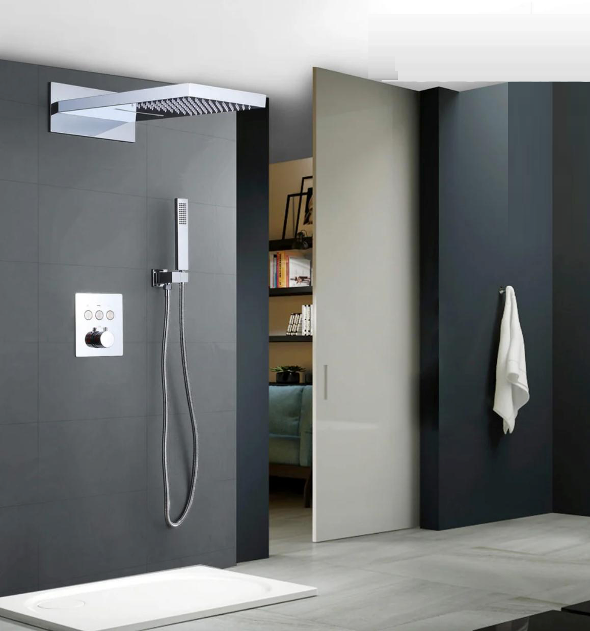 MAX Faucets Luxury bathroom featuring chrome thermostatic shower system with waterfall and rainfall functions