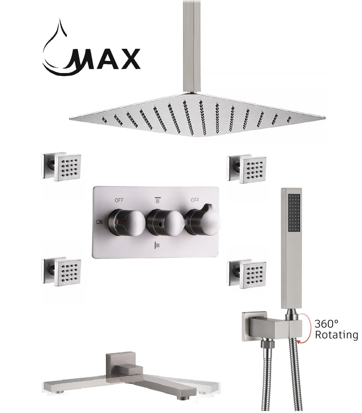 MAX Faucets Luxury brushed nickel ceiling rainfall shower system with body jets 