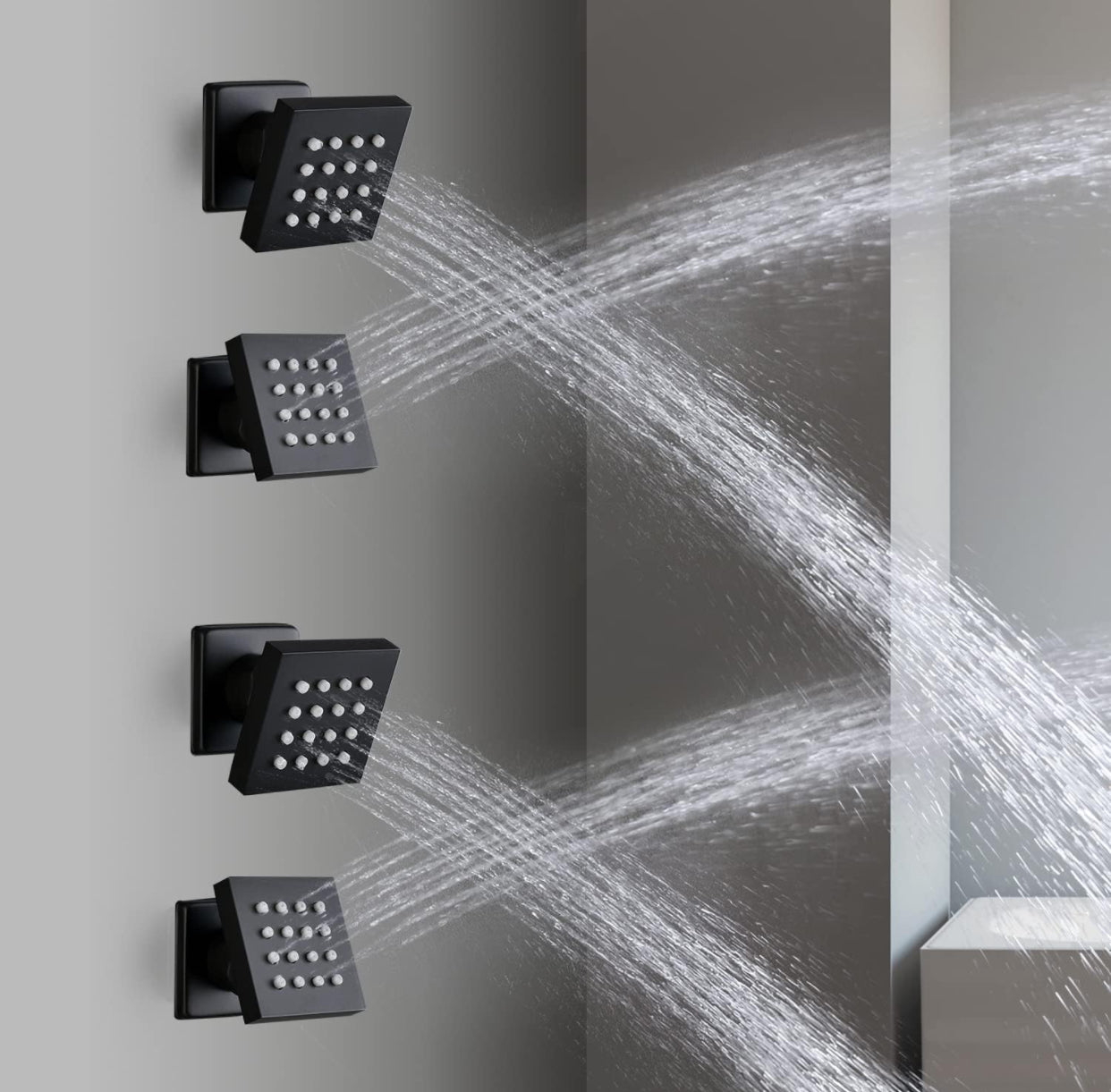Matte black rain shower head with 6 body jets