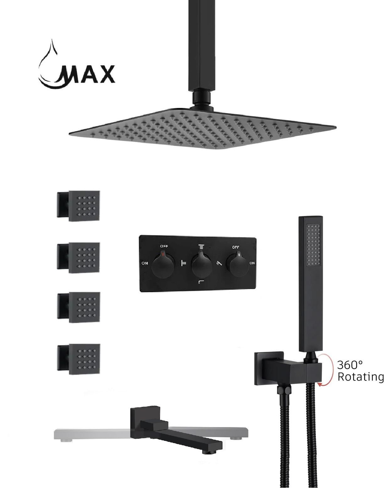 Luxury matte black ceiling rainfall shower system with body jets by MAX Faucets