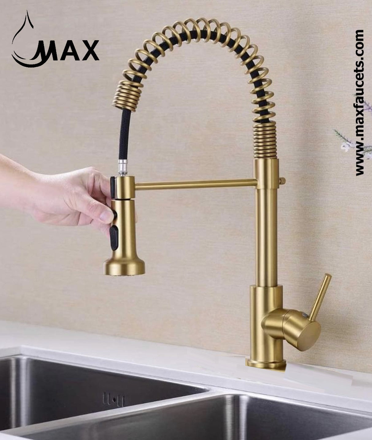 MAX Faucets | Pull-Down Spiral Flexible Kitchen Faucet – 16.5" Brushed Gold Finish