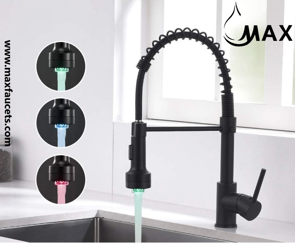 MAX Faucets | Pull-Down Spiral Flexible Kitchen Faucet – 16.5" Matte Black Finish with LED Light