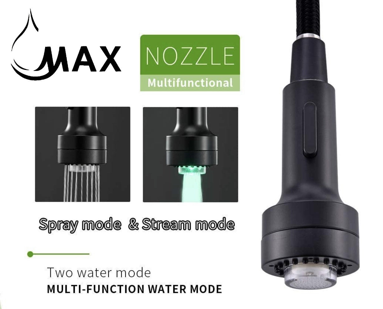 Pull-Down Spiral Kitchen Faucet Chef Style 16.5" With LED Light And Soap Dispenser Matte Black Finish.