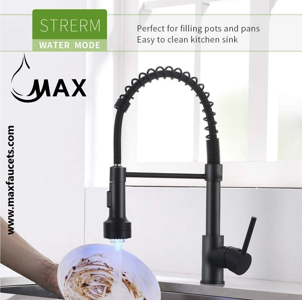 Pull-Down Spiral Kitchen Faucet Chef Style 16.5" With LED Light And Soap Dispenser Matte Black Finish.