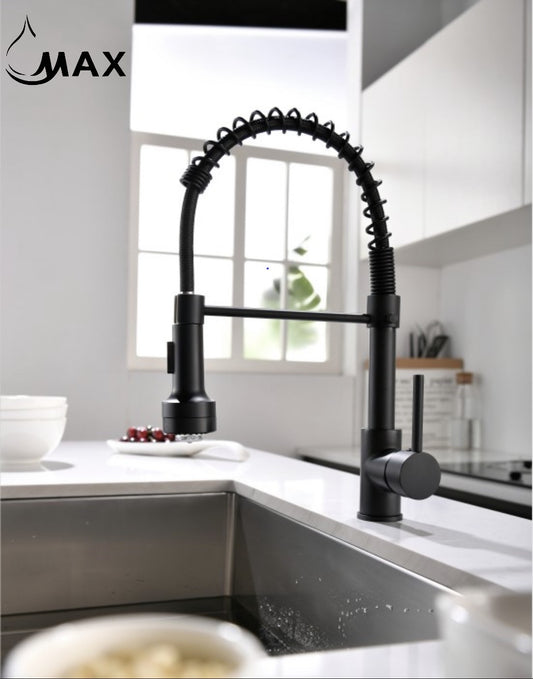 Pull-Down Spiral Kitchen Faucet Chef Style 16.5" With LED Light And Soap Dispenser Matte Black Finish.