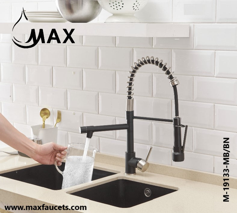 MAX Faucets | Pre-Rinse Chef Style Kitchen Faucet Hands-Free Pull-Down Flexible with Separate Pot Filler Spout – 19" Matte Black and Brushed Nickel Finish