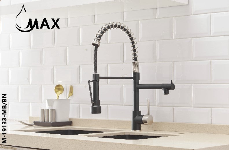MAX Faucets | Pre-Rinse Chef Style Kitchen Faucet Hands-Free Pull-Down Flexible with Separate Pot Filler Spout – 19" Matte Black and Brushed Nickel Finish