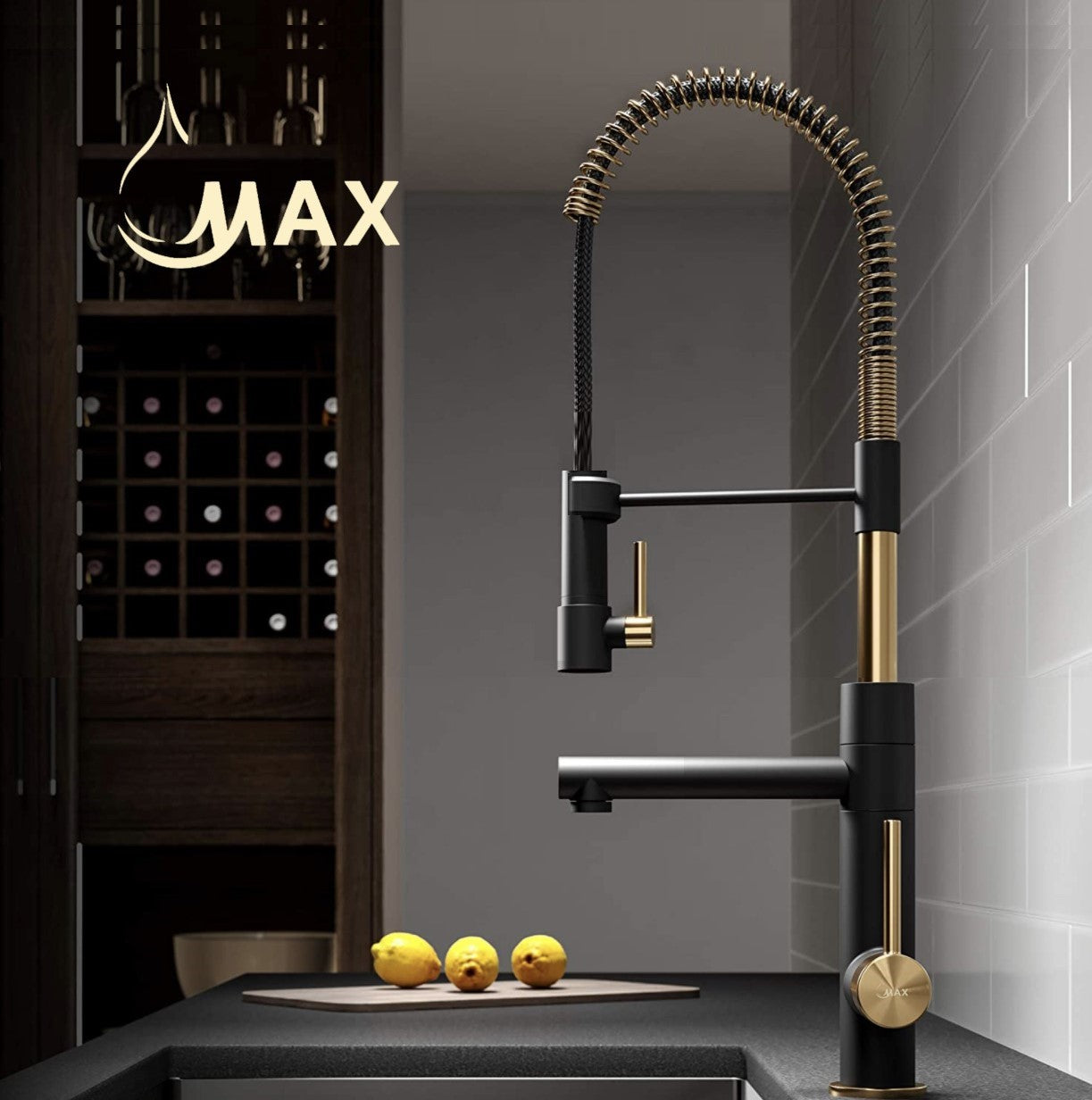 Kitchen Faucet Chef Style Pre-Rinse Spring Spout 24" With Pot Filler Pull-Down Two Function Matte Black/Brushed Gold