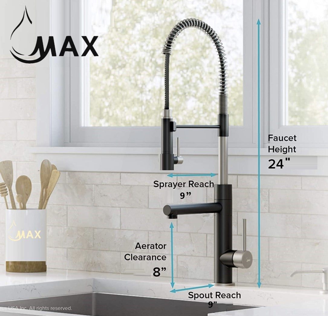 Kitchen Faucet Pull-Down Chef Style Pre-Rinse Spring Spout and Pot Filler Two Function Matte Black/Brushed Nickel