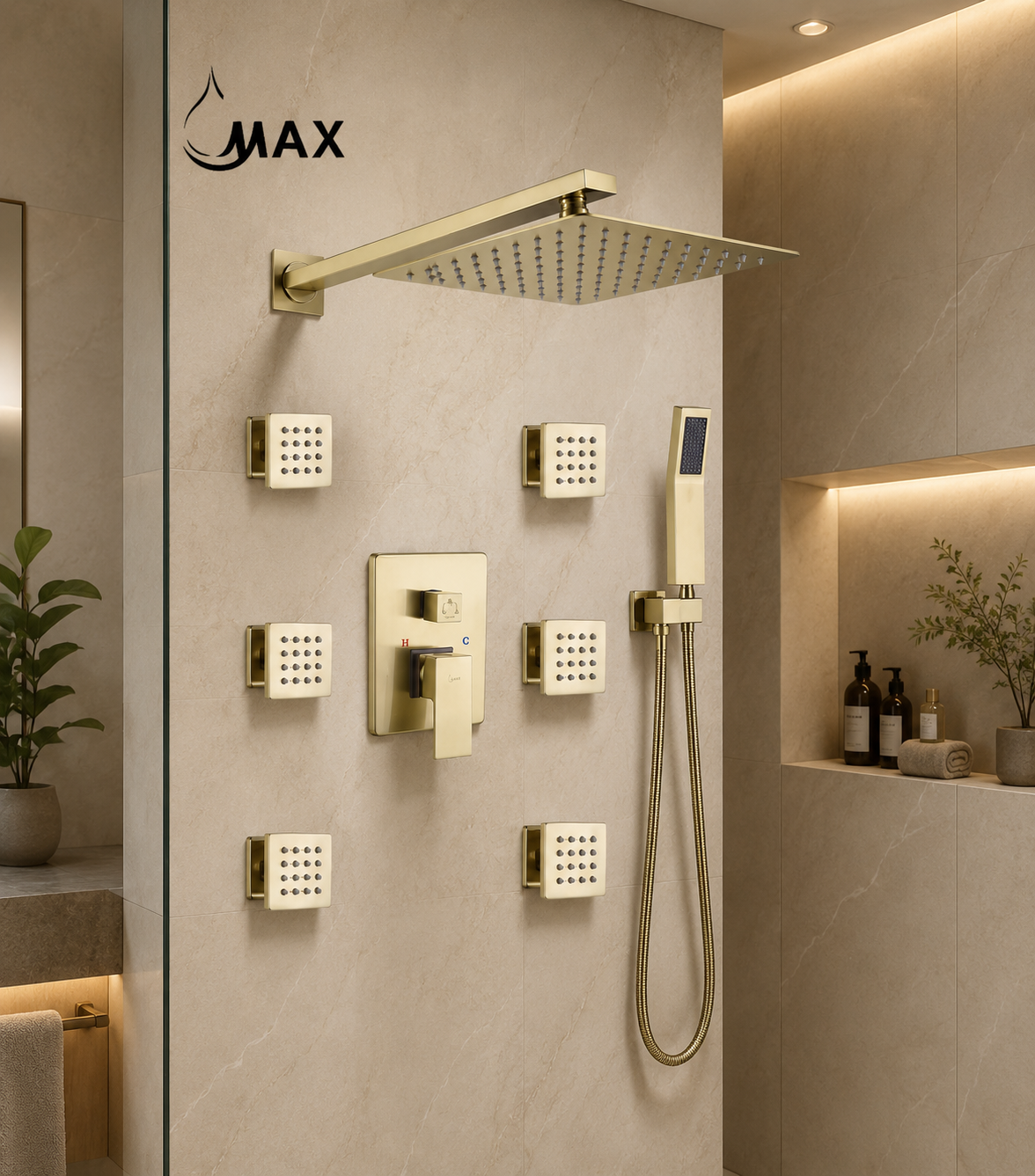 Gold shower system with MAX branding on a bathroom wall.