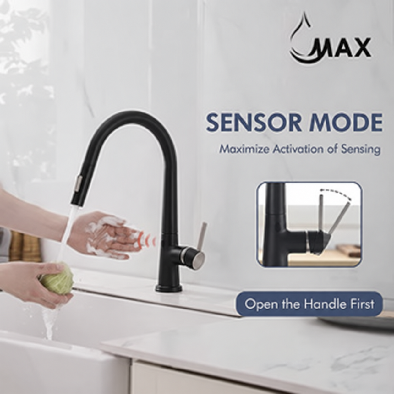 A touchless kitchen faucet with a single handle and a pull-out sprayer, shown in a Matte Black & Brushed Nickel finish, installed on a kitchen counter by MAX Faucets 