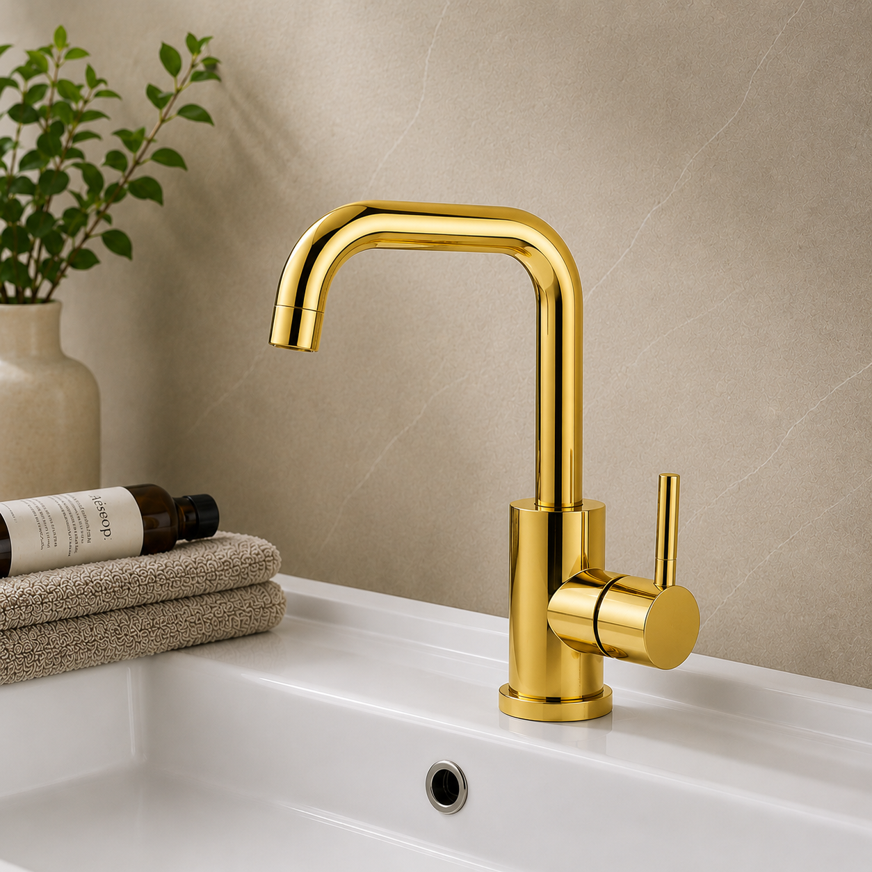 MAX Faucets shiny gold bathroom faucet with side handle and 360° swivel spout.