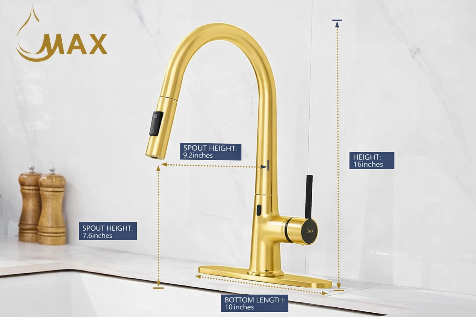 MAX Brushed Gold Touchless Kitchen Faucet – 16-inch Height and High Arc Spout Dimensions