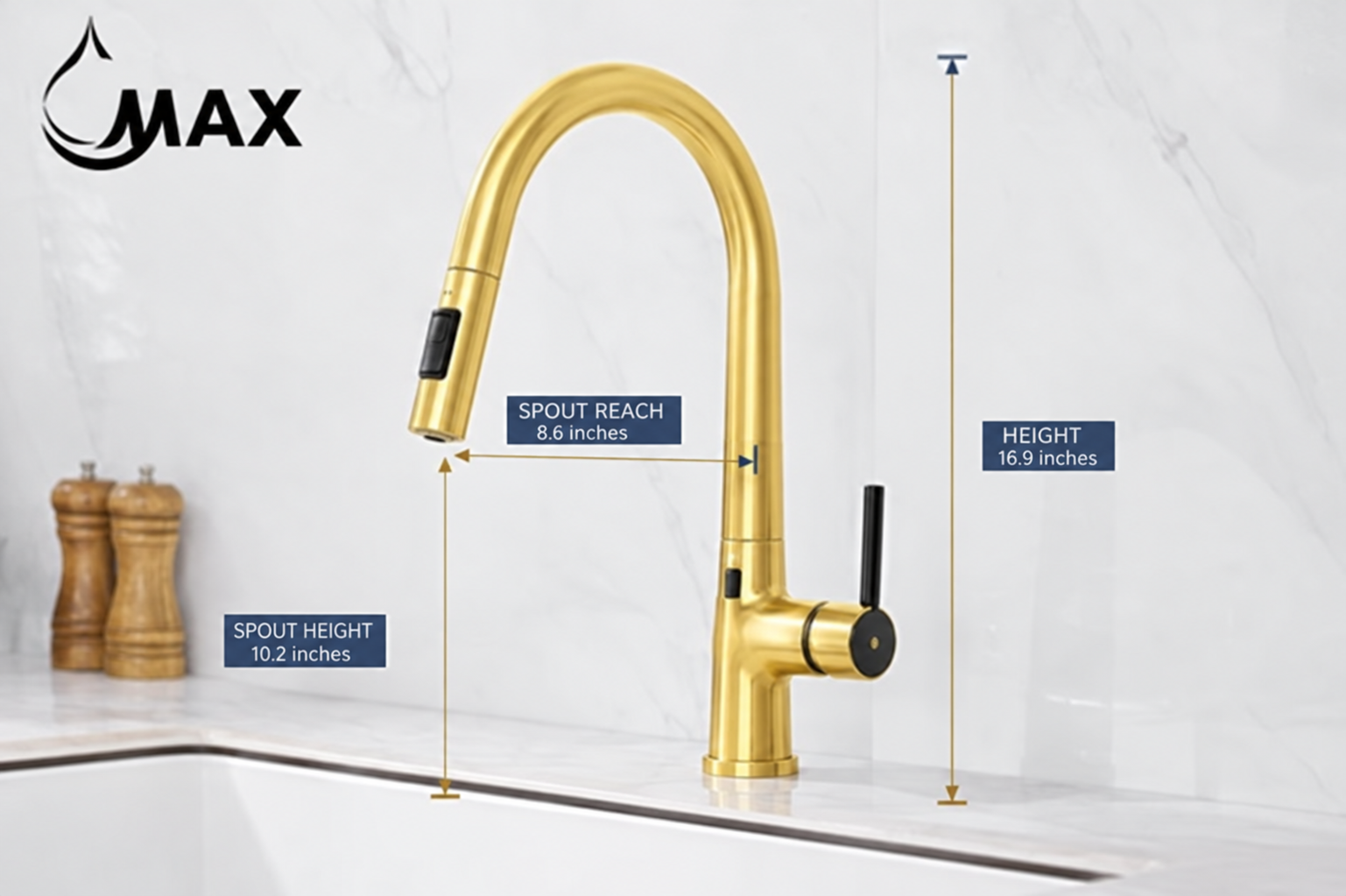 MAX Brushed Gold Touchless Kitchen Faucet – 16-inch Height and High Arc Spout Dimensions