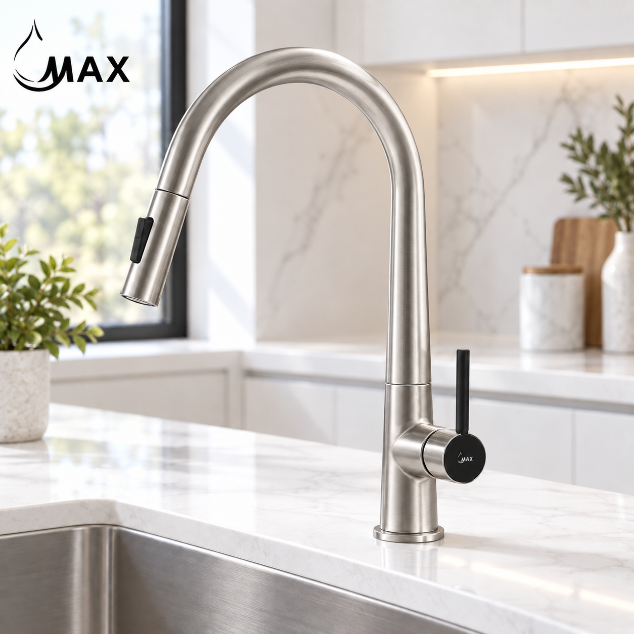 MAX Faucets brushed nickel touchless pull-down kitchen faucet installed without a deck plate.
