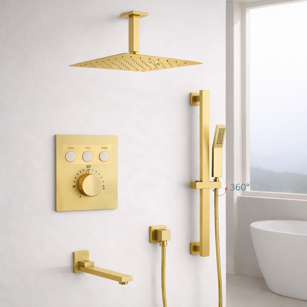 Ceiling Thermostatic Shower System Three Functions With Hand-Held Slide Bar and Pressure Balance Valve Brushed Gold Finish