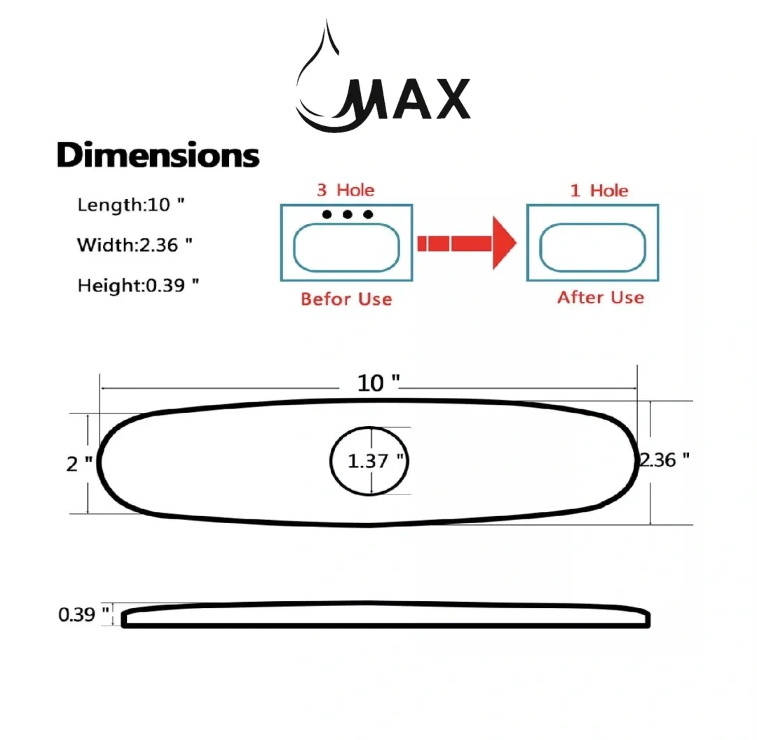 MAX Faucets 10 inch chrome faucet deck plate front view