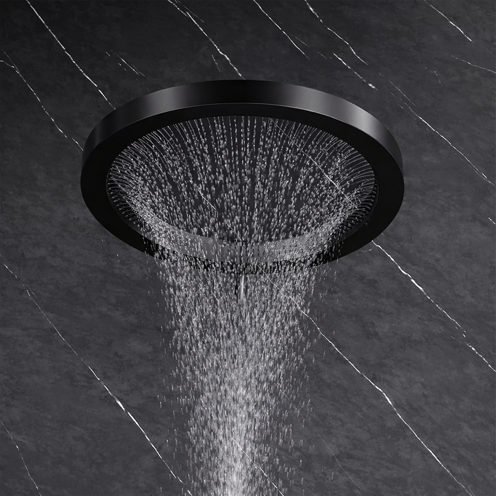 MAX Faucets – 16" Luxury Waterfall Shower Head, High-Pressure Round Design, Matte Black Finish YM-RWF1155W-MB