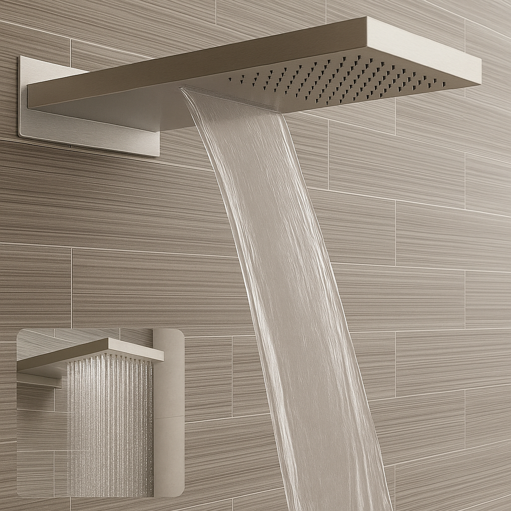 MAX Faucets 2 Function Shower Head – with Waterfall & Rainfall Showerhead (Brushed Nickel) 