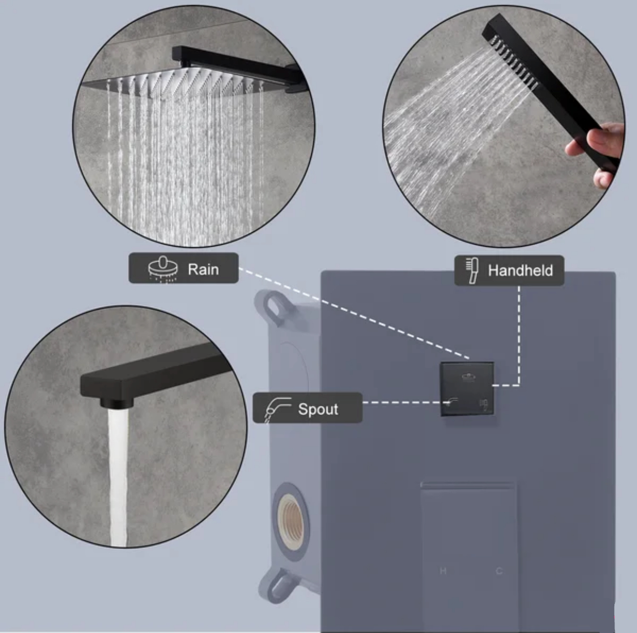 Tub Shower System Three Functions With Pressure-Balance Valve Matte Black Finish Square Design YM-MW6335-MB